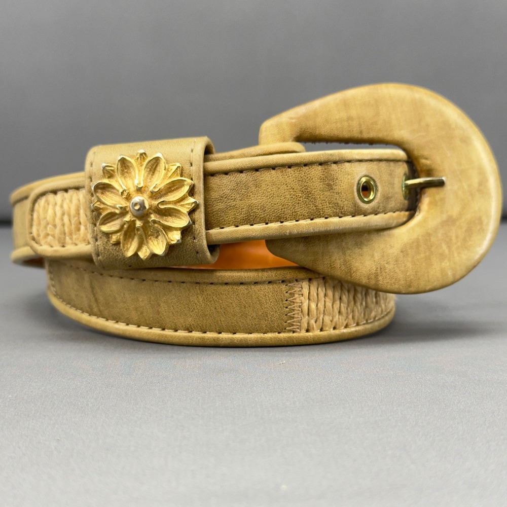 Vintage Alden Howard‎ Tan Leather Woven Flower Buckle Belt Made USA Size L
